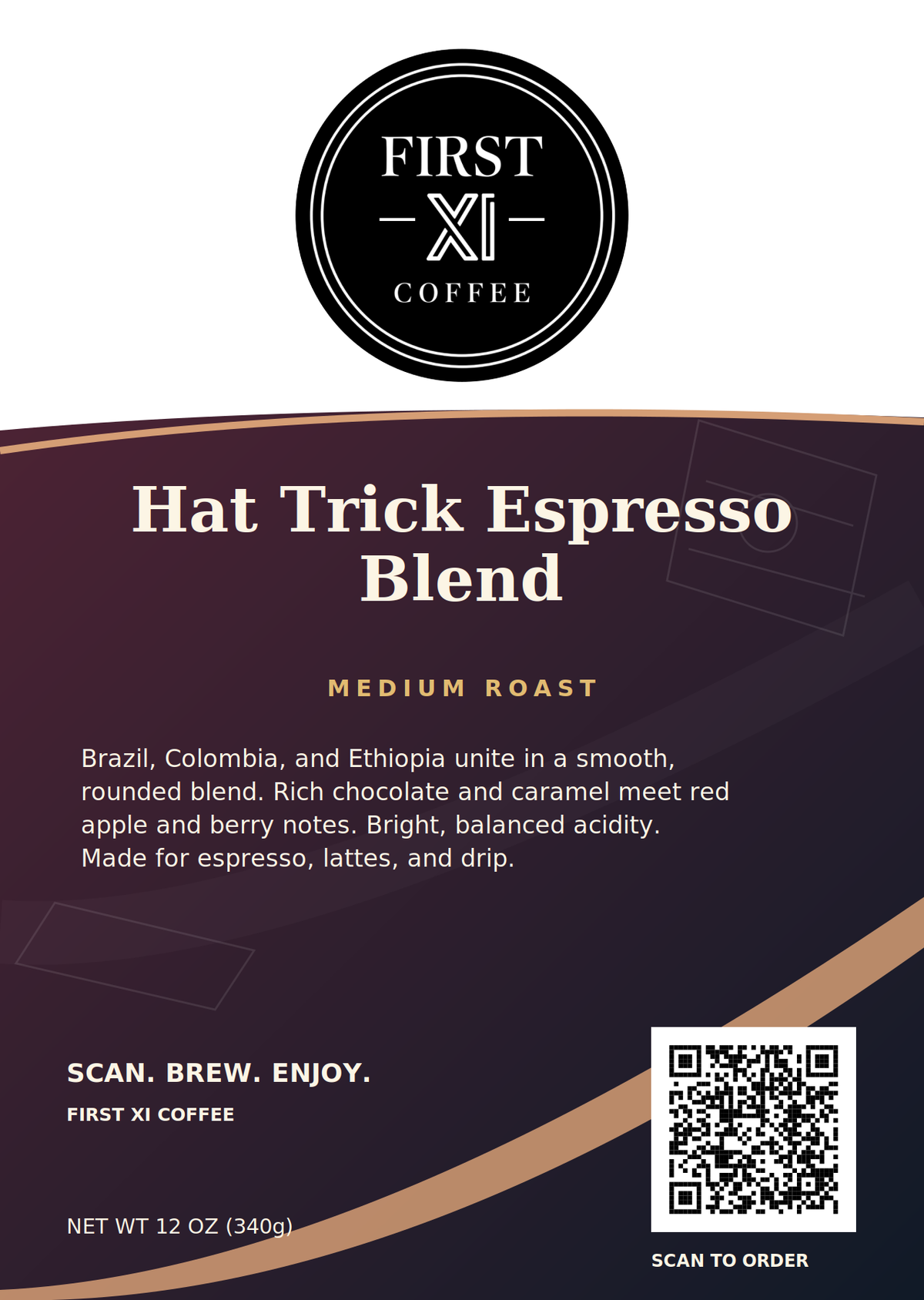 First XI Coffee Hat Trick Espresso Blend, medium roast, revised white-bag front with prominent logo, coffee description and ordering QR code
