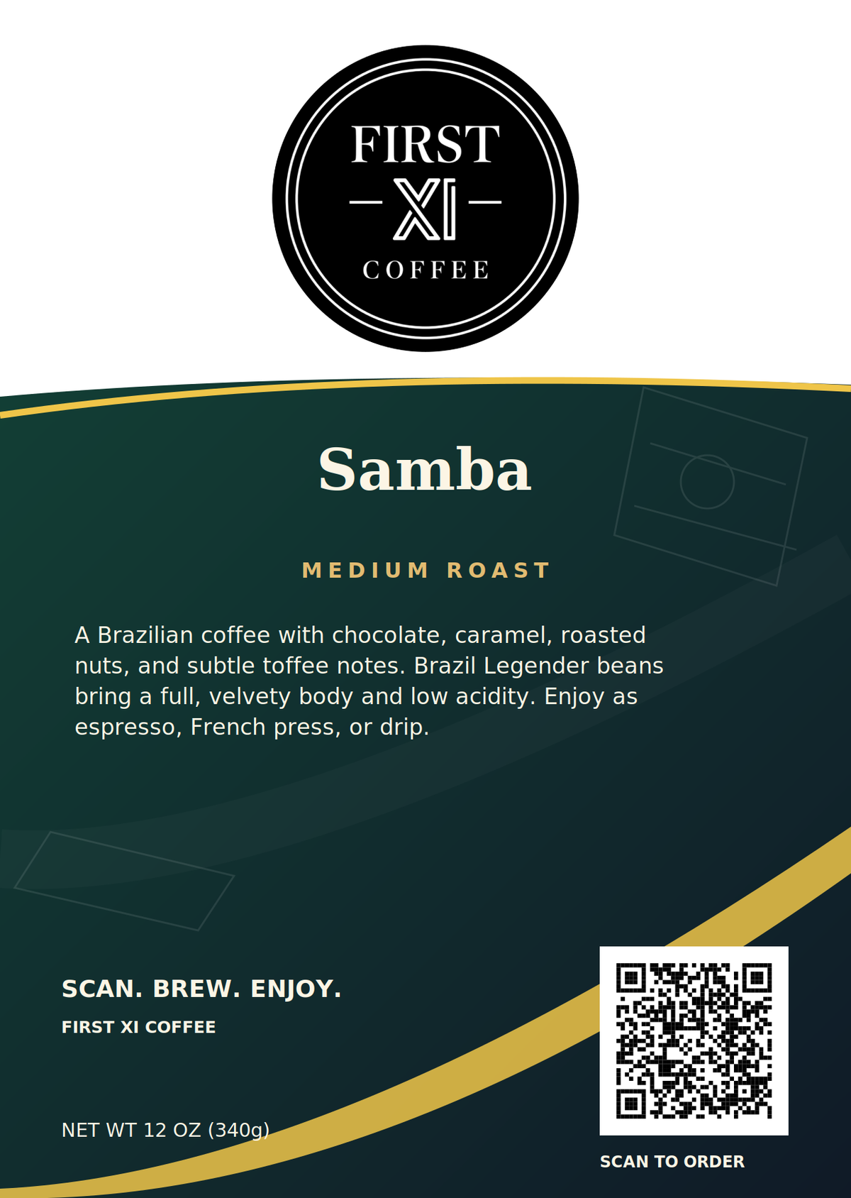 First XI Coffee Samba, medium roast, revised white-bag front with prominent logo, coffee description and ordering QR code