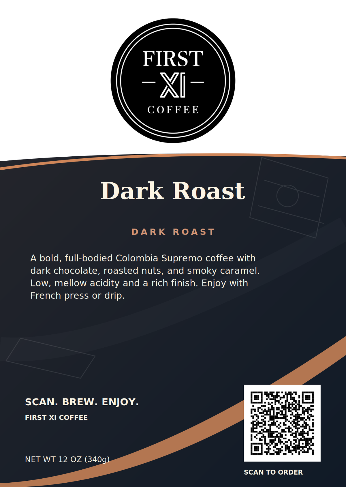 First XI Coffee First XI Dark Roast, dark roast, revised white-bag front with prominent logo, coffee description and ordering QR code
