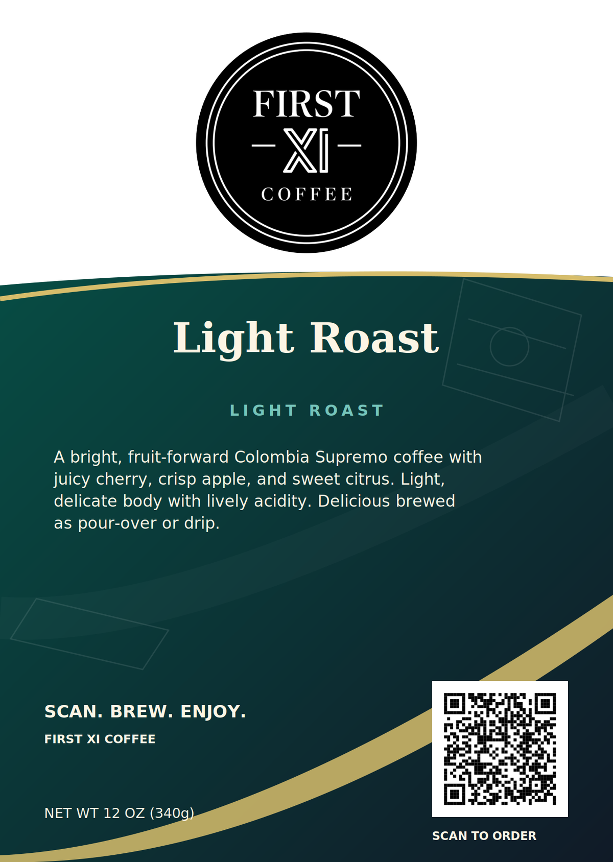 First XI Coffee First XI Light Roast, light roast, revised white-bag front with prominent logo, coffee description and ordering QR code
