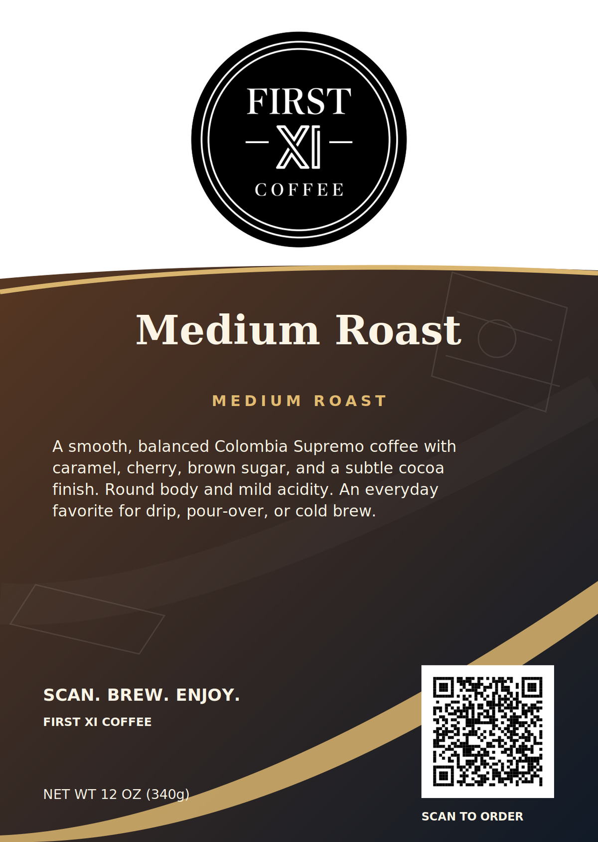 First XI Coffee First XI Medium Roast, medium roast, revised white-bag front with prominent logo, coffee description and ordering QR code