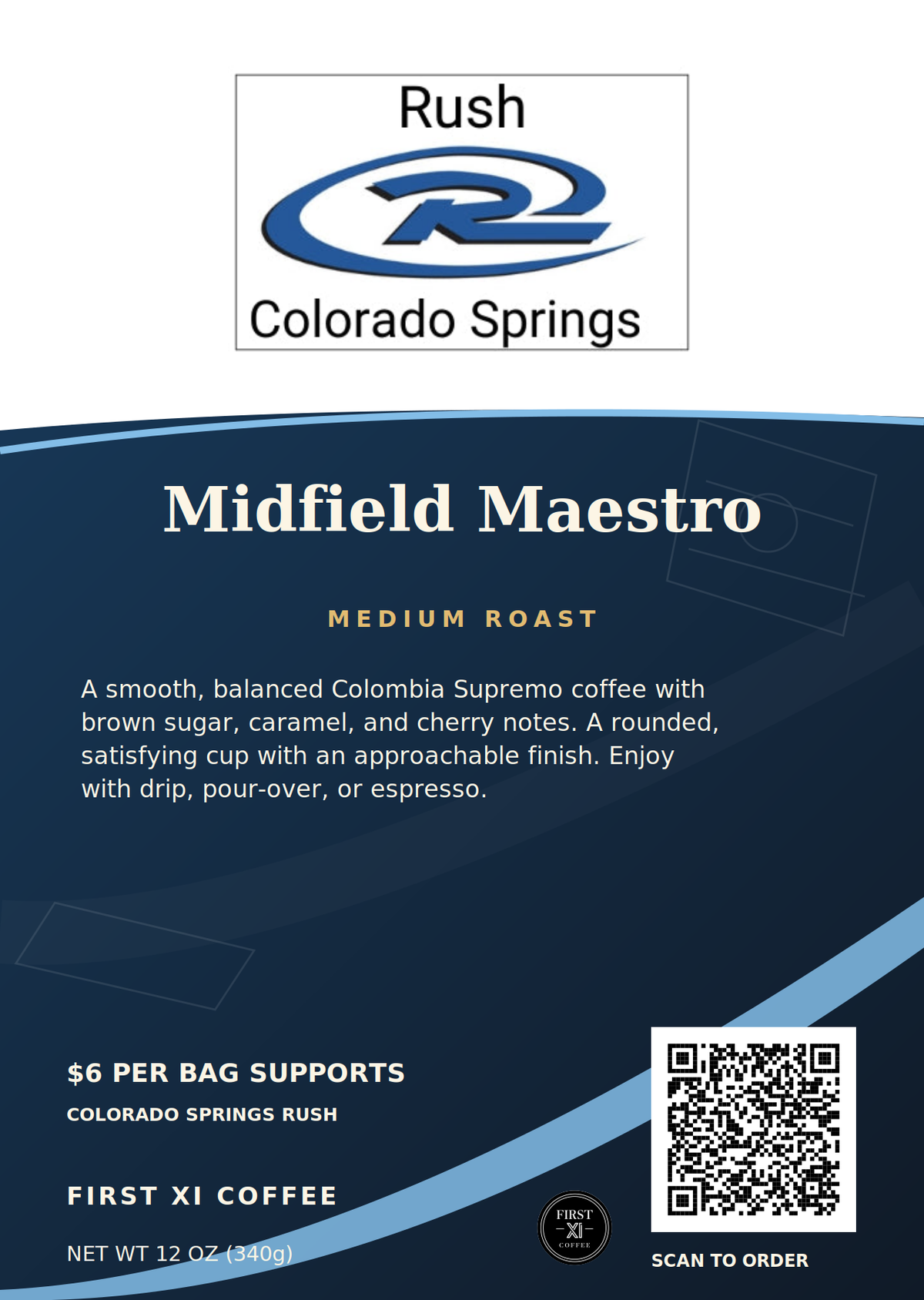 Midfield Maestro medium roast — approved 12 oz coffee label artwork with blend description and ordering QR code, Colorado Springs Rush.