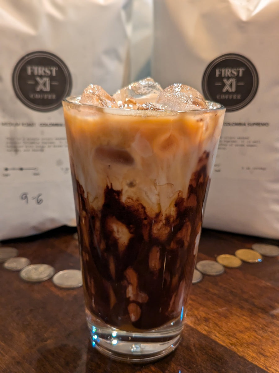 Iced coffee with First XI coffee bags