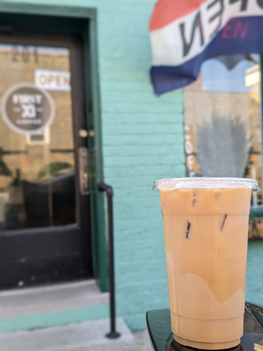 Iced coffee outside One Love Coffee House
