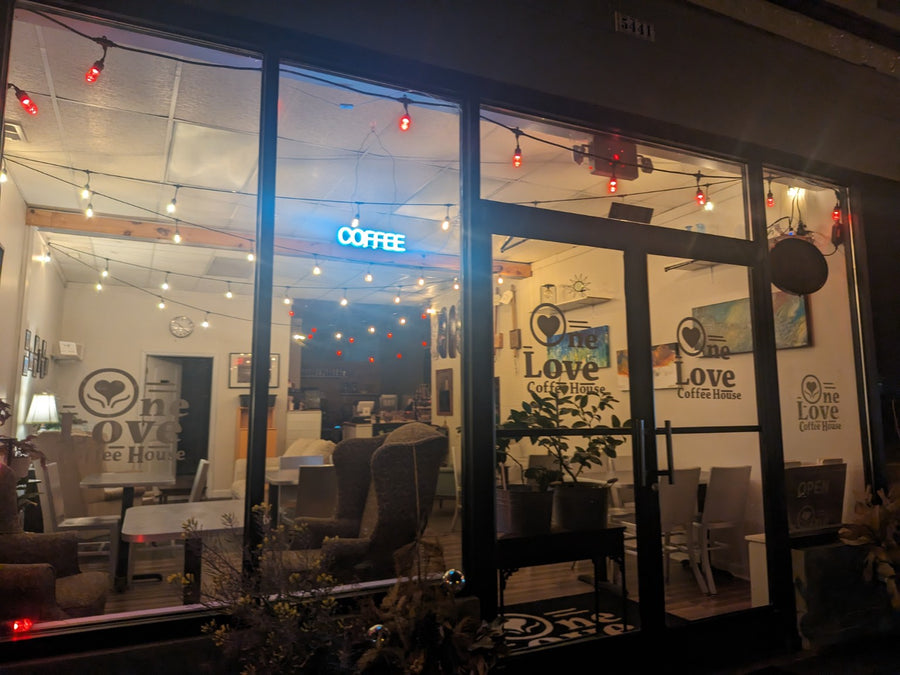 One Love Coffee House in the evening