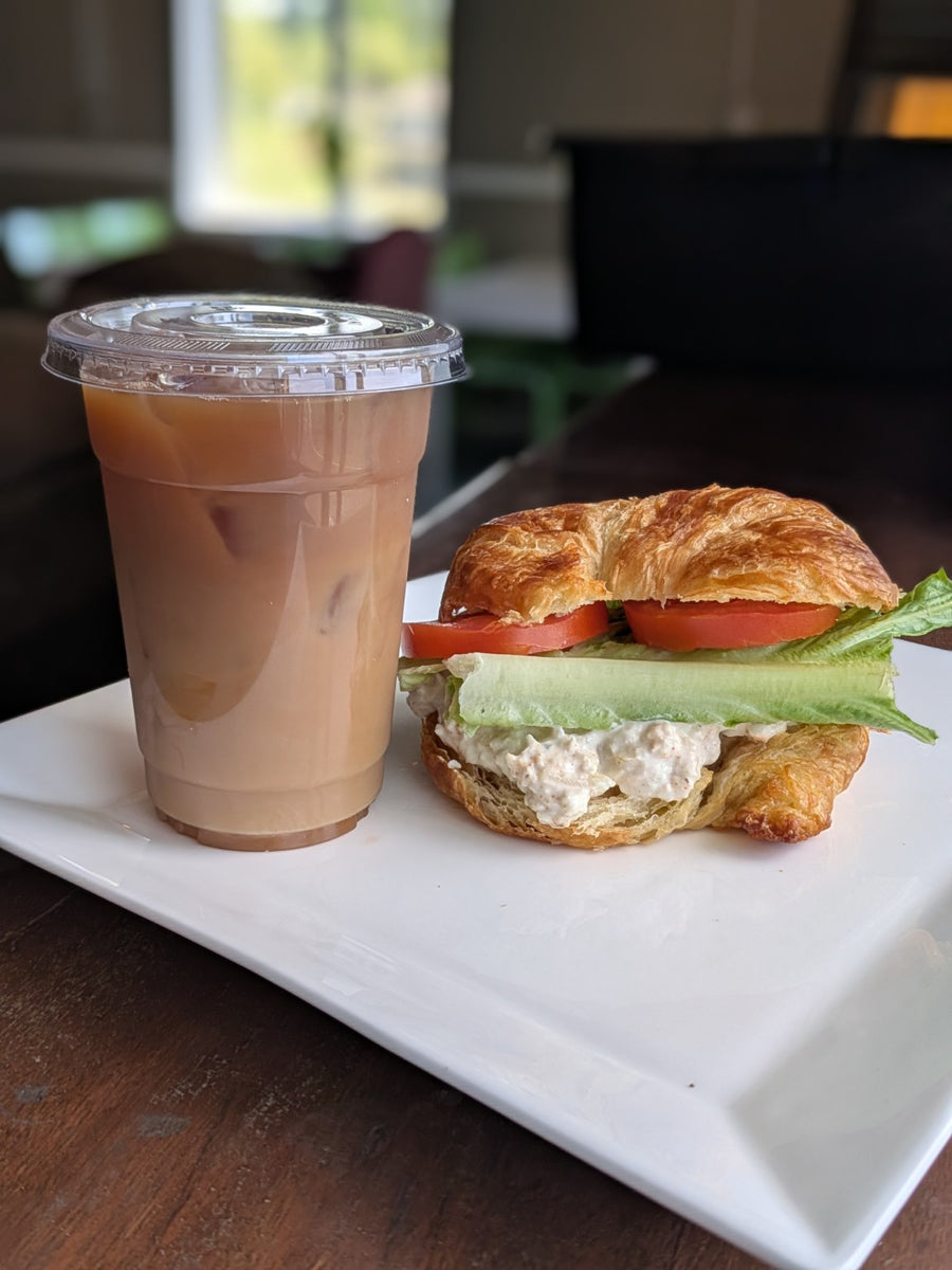 Iced coffee and croissant sandwich