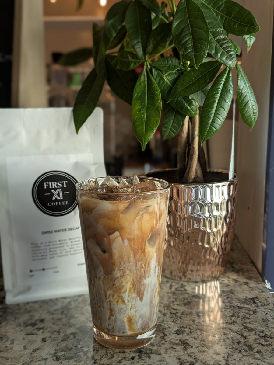 Iced coffee with a First XI coffee bag