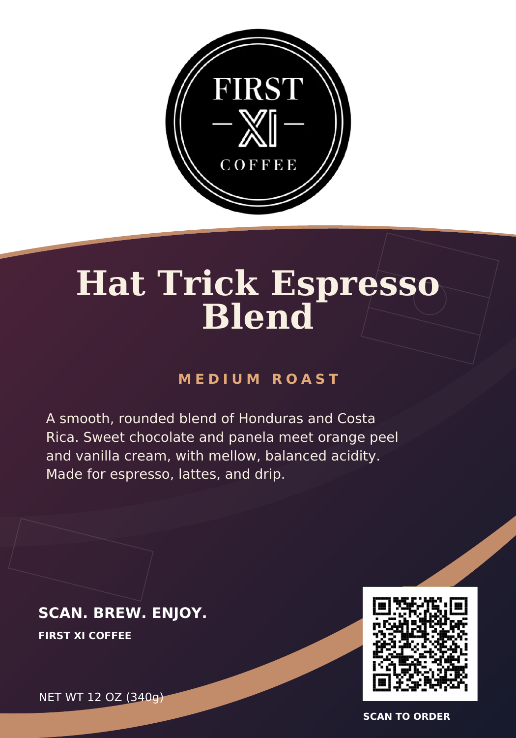 Hat Trick Espresso Blend medium roast label: Honduras and Costa Rica blend, 12 oz (340 g).