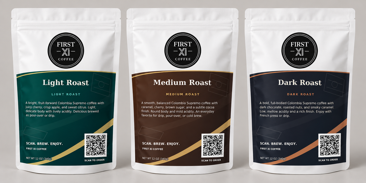First XI Coffee three-pack packaging mockup: white light, medium and dark roast bags with redesigned labels, coffee descriptions and QR codes. Choose any three roasts.